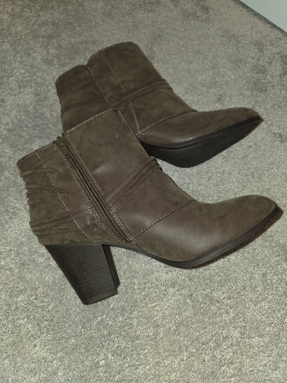 Fergalicious Taupe Brown Faux-Leather Ankle Booties with Stacked Heel - Picture 2 of 4